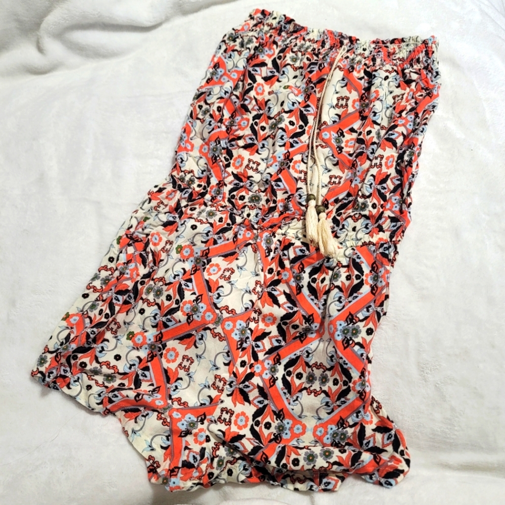 Womens Romper Size Medium Boho Orange Cream Black Blue Tassels Western Strapless